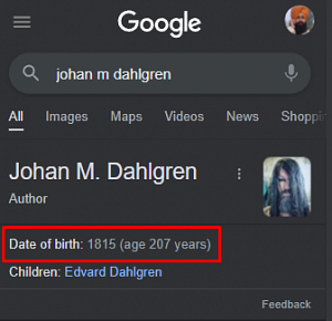 A screenshot of a Google search result, saying that Johan M. Dahlgren is 207 years old.