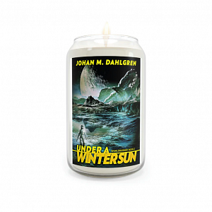 A scented candle with the cover image from Under a Winter Sun