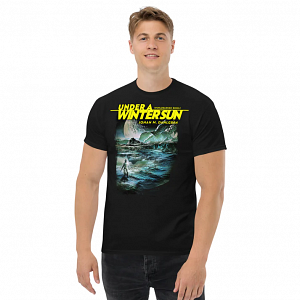 A men's T-shirt with the cover of Under a Winter Sun printed on it.