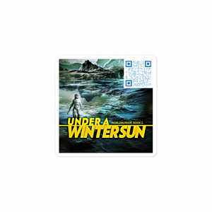 A sticker with the cover of Under a Winter Sun on it.