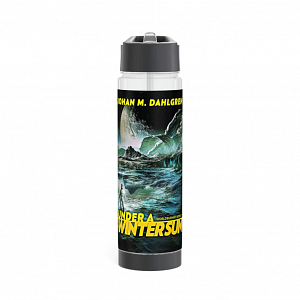 A water bottle with the cover of Under a Dark Sky