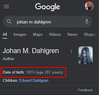 A screenshot of a Google search result, saying that Johan M. Dahlgren is 207 years old.