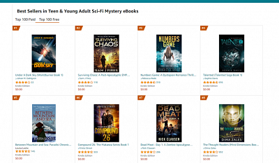 The top 8 novels on Amazon's Teen & Young Adult Sci-Fi Mystery eBooks list, with Under a Dark Sky in number 1.