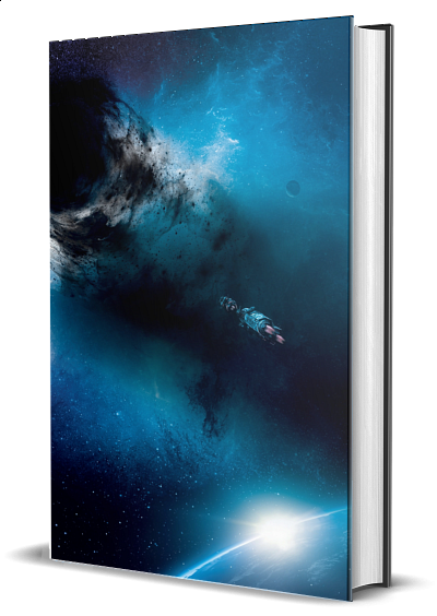 A hard back book, with a backdrop of stars and nebulae and a lone space ship as the cover.